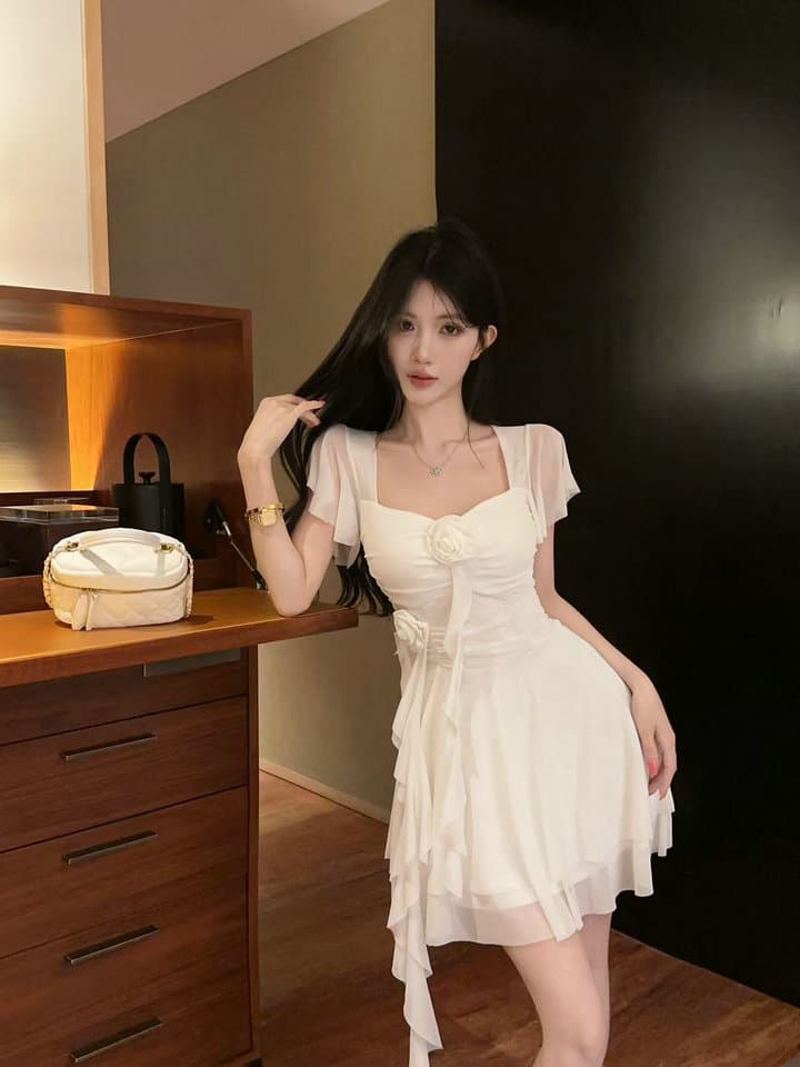 실사 2026 새로운 섹시함 Feifei 소매 꽃 패치워크 퍼프 망사 드레스 상세 이미지 7