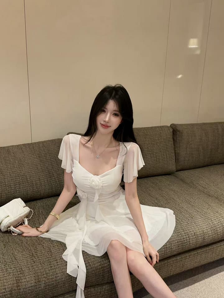 실사 2026 새로운 섹시함 Feifei 소매 꽃 패치워크 퍼프 망사 드레스 상세 이미지 8