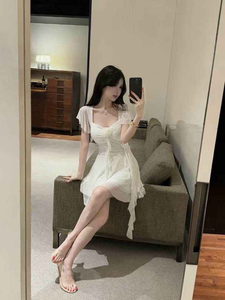 실사 2026 새로운 섹시함 Feifei 소매 꽃 패치워크 퍼프 망사 드레스 상세 이미지 10