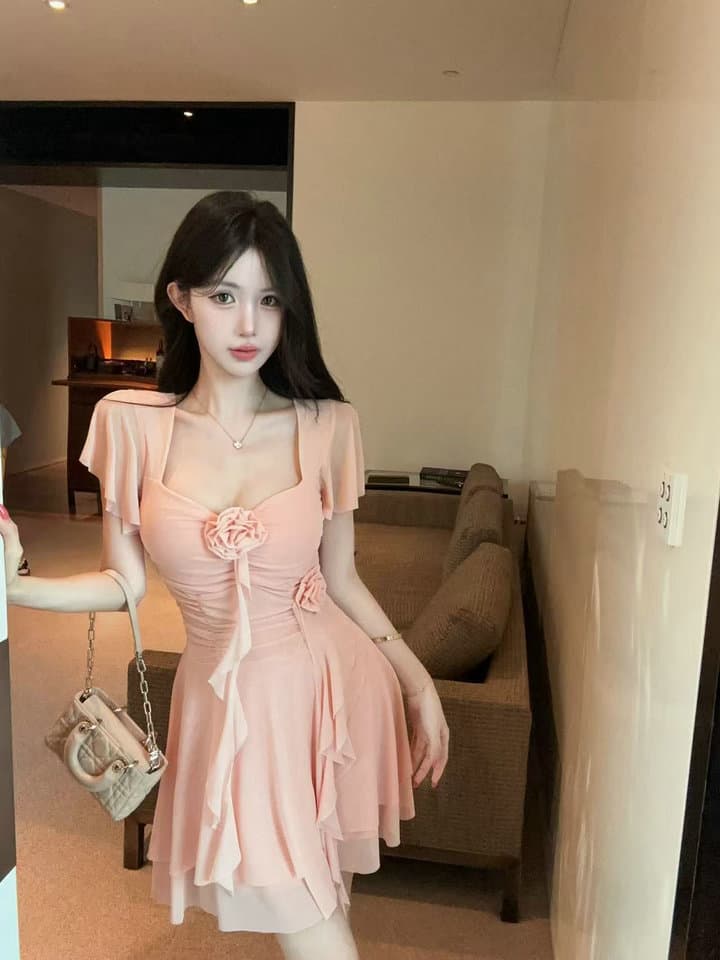 실사 2026 새로운 섹시함 Feifei 소매 꽃 패치워크 퍼프 망사 드레스 상세 이미지 16