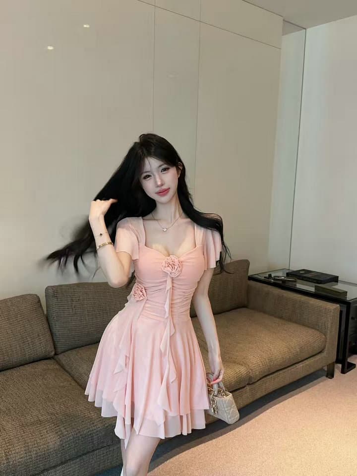 실사 2026 새로운 섹시함 Feifei 소매 꽃 패치워크 퍼프 망사 드레스 상세 이미지 19