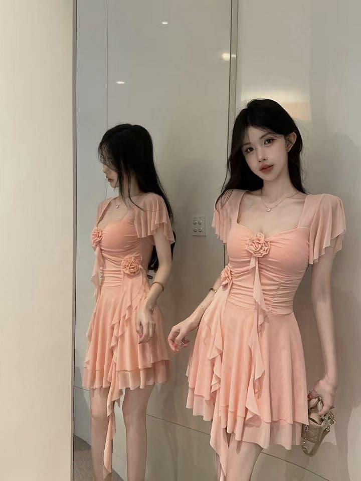 실사 2026 새로운 섹시함 Feifei 소매 꽃 패치워크 퍼프 망사 드레스 상세 이미지 20