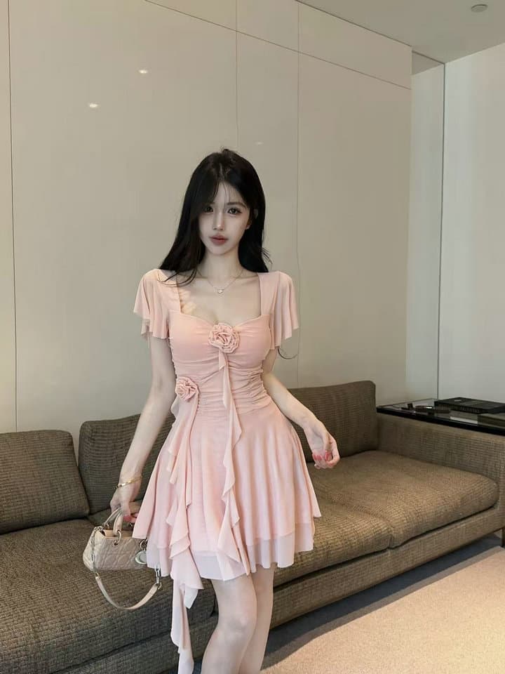 실사 2026 새로운 섹시함 Feifei 소매 꽃 패치워크 퍼프 망사 드레스 상세 이미지 21