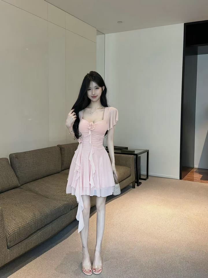 실사 2026 새로운 섹시함 Feifei 소매 꽃 패치워크 퍼프 망사 드레스 상세 이미지 25