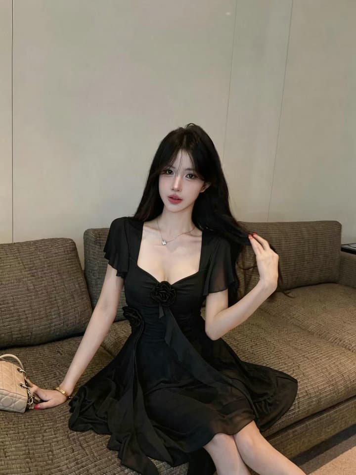 실사 2026 새로운 섹시함 Feifei 소매 꽃 패치워크 퍼프 망사 드레스 상세 이미지 28