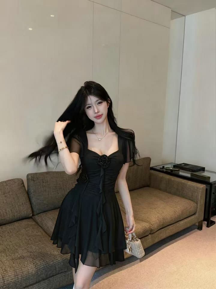 실사 2026 새로운 섹시함 Feifei 소매 꽃 패치워크 퍼프 망사 드레스 상세 이미지 29