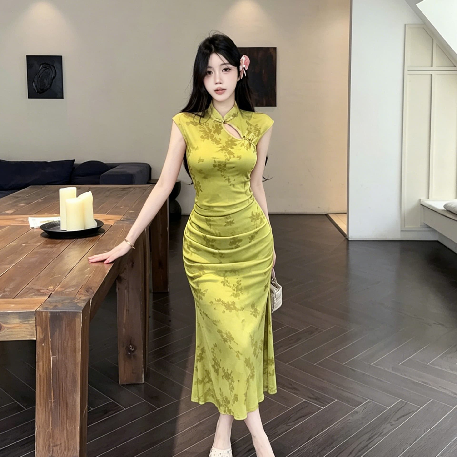 실사 2026 새로운 섹시함 레이스 롱 코트 개선 치파오 드레스 복장 이미지 3