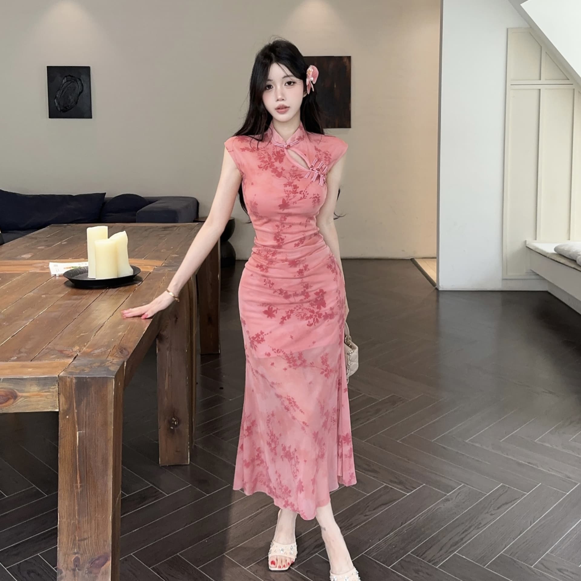 실사 2026 새로운 섹시함 레이스 롱 코트 개선 치파오 드레스 복장