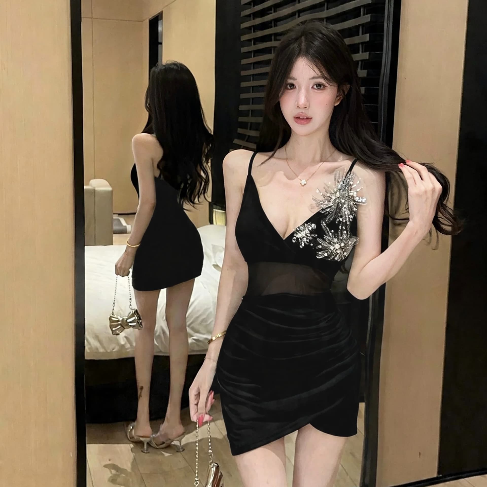 실사 2026 섹시함 낮은 가슴 십자가 꽃 패치워크 망사 타이트 스커트 만나는 슬립 드레스 이미지 3