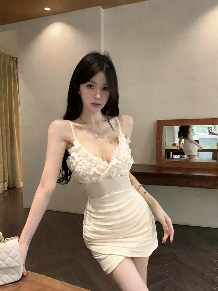 실사 2026 섹시함 낮은 가슴 깊은 v 망사 꽃 드레스 슬립 상세 이미지 5