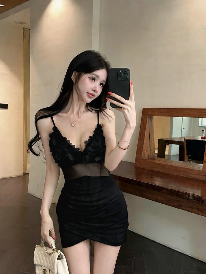 실사 2026 섹시함 낮은 가슴 깊은 v 망사 꽃 드레스 슬립 상세 이미지 7
