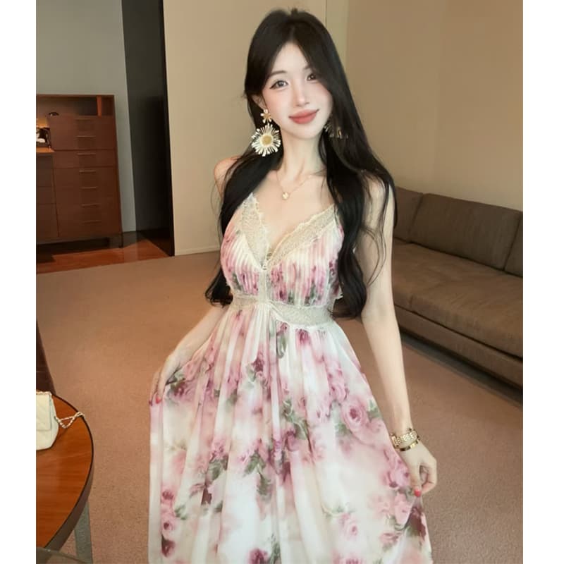 대 물품 실사 레이스 조각 꽃무늬 슬립 여성 드레스 여름 백리스 큰 진자 치마 휴가 품격 롱 스커트 이미지 4