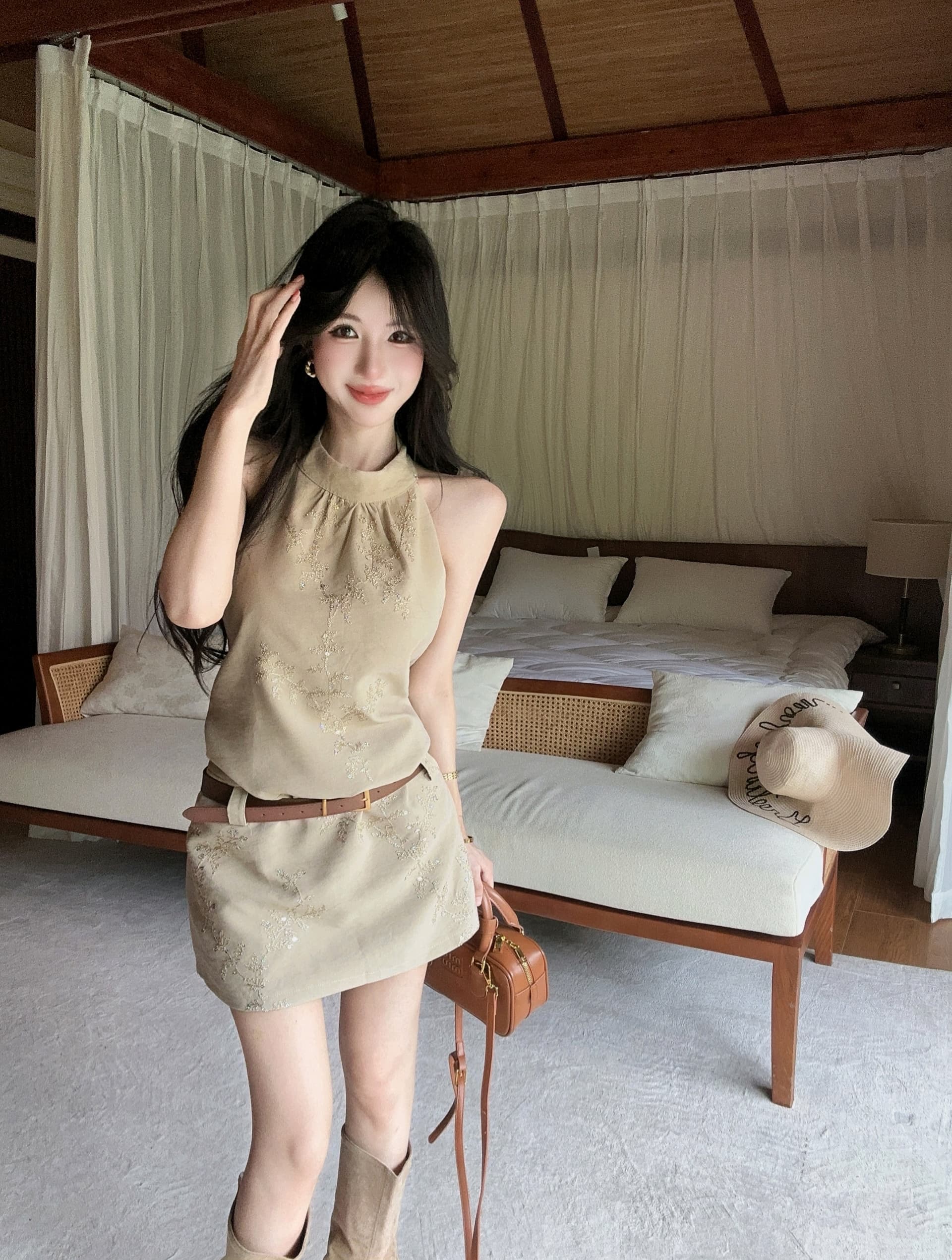 무거운 작업 자카드 행침 목 민소매 조끼 여성 드레스 여름 새로운 디자인 센스 품격 허리 수축 짧은 치마 이미지 3