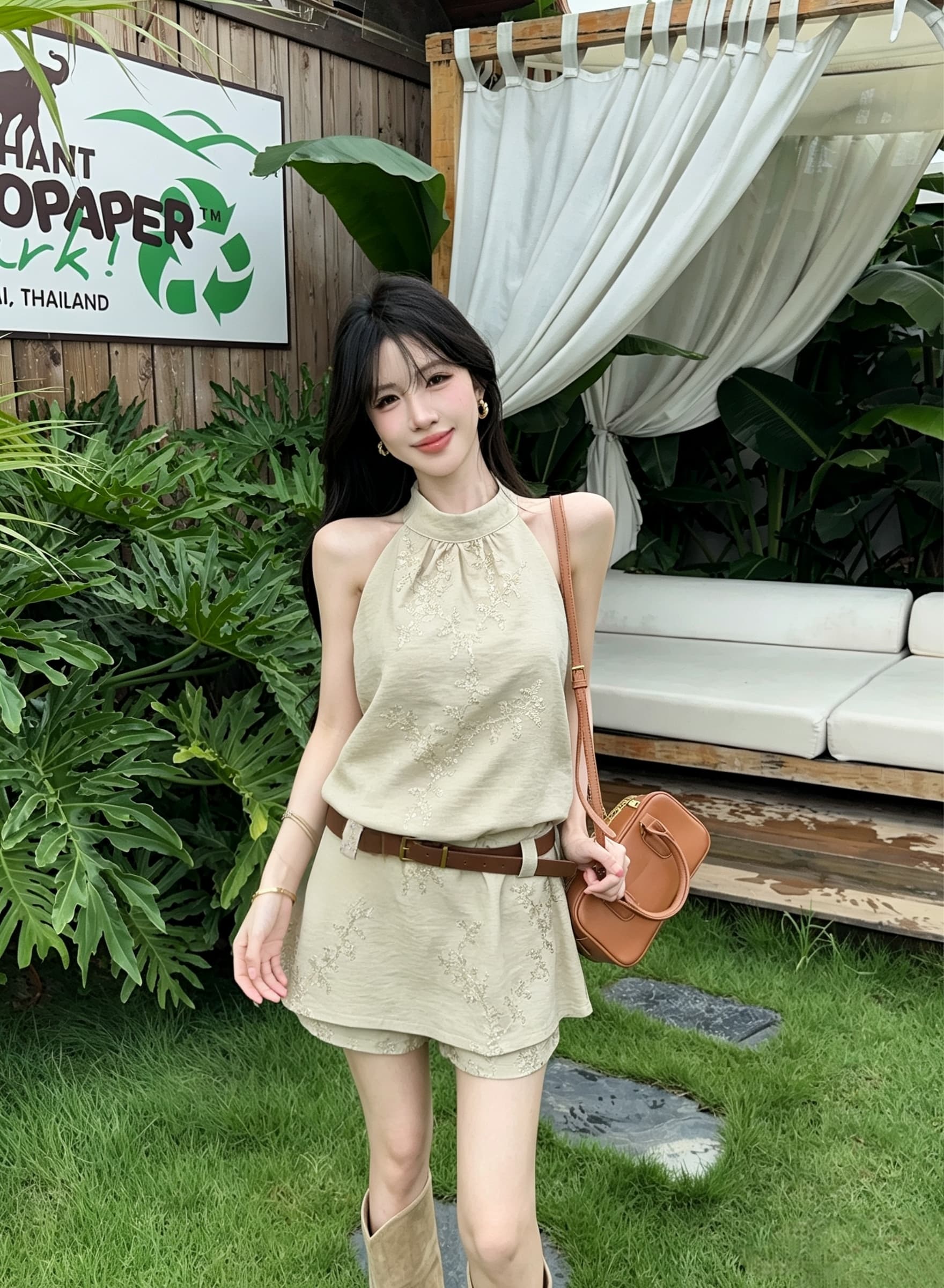 무거운 작업 자카드 행침 목 민소매 조끼 여성 드레스 여름 새로운 디자인 센스 품격 허리 수축 짧은 치마 상세 이미지 6