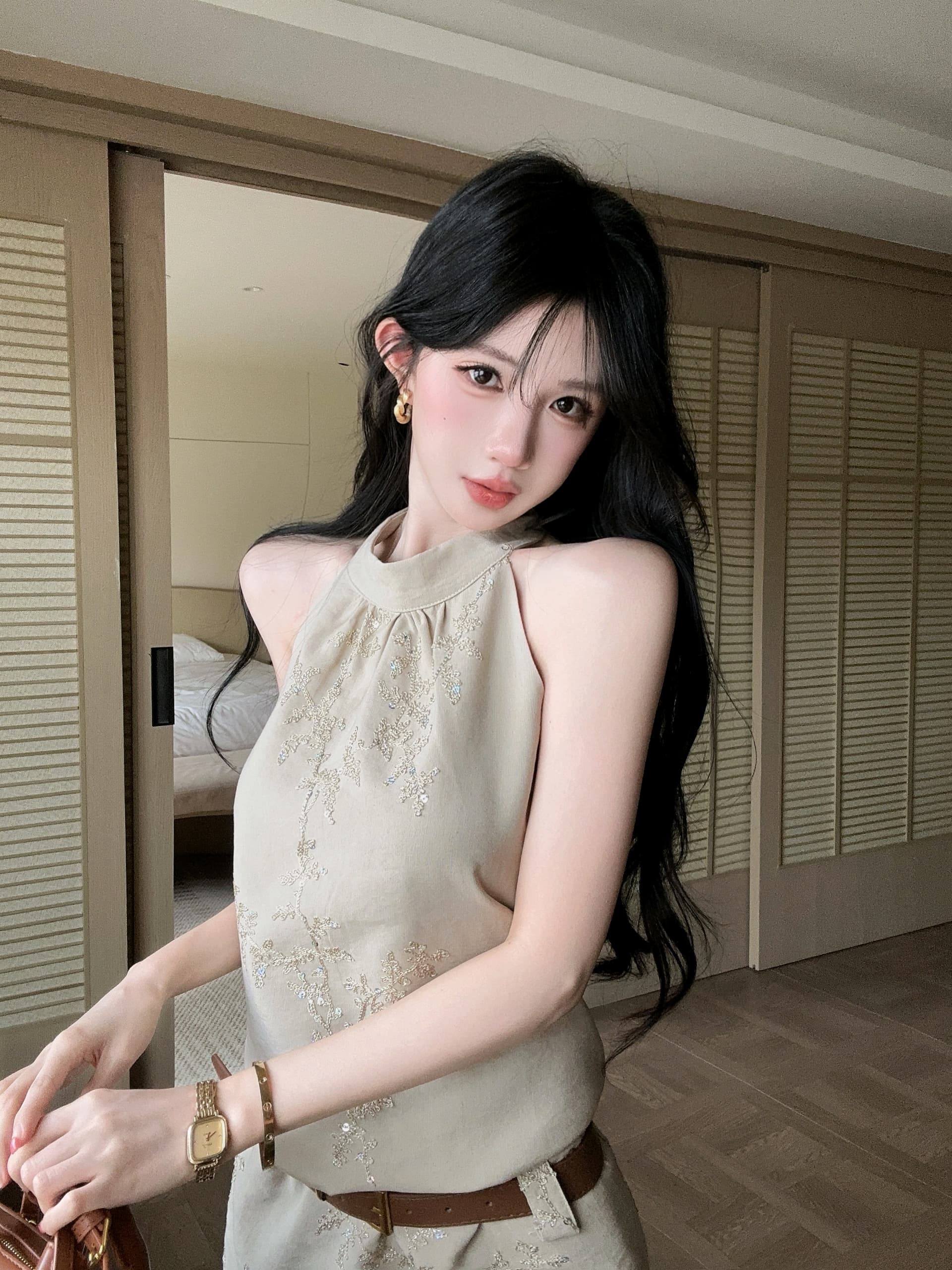 무거운 작업 자카드 행침 목 민소매 조끼 여성 드레스 여름 새로운 디자인 센스 품격 허리 수축 짧은 치마 상세 이미지 7