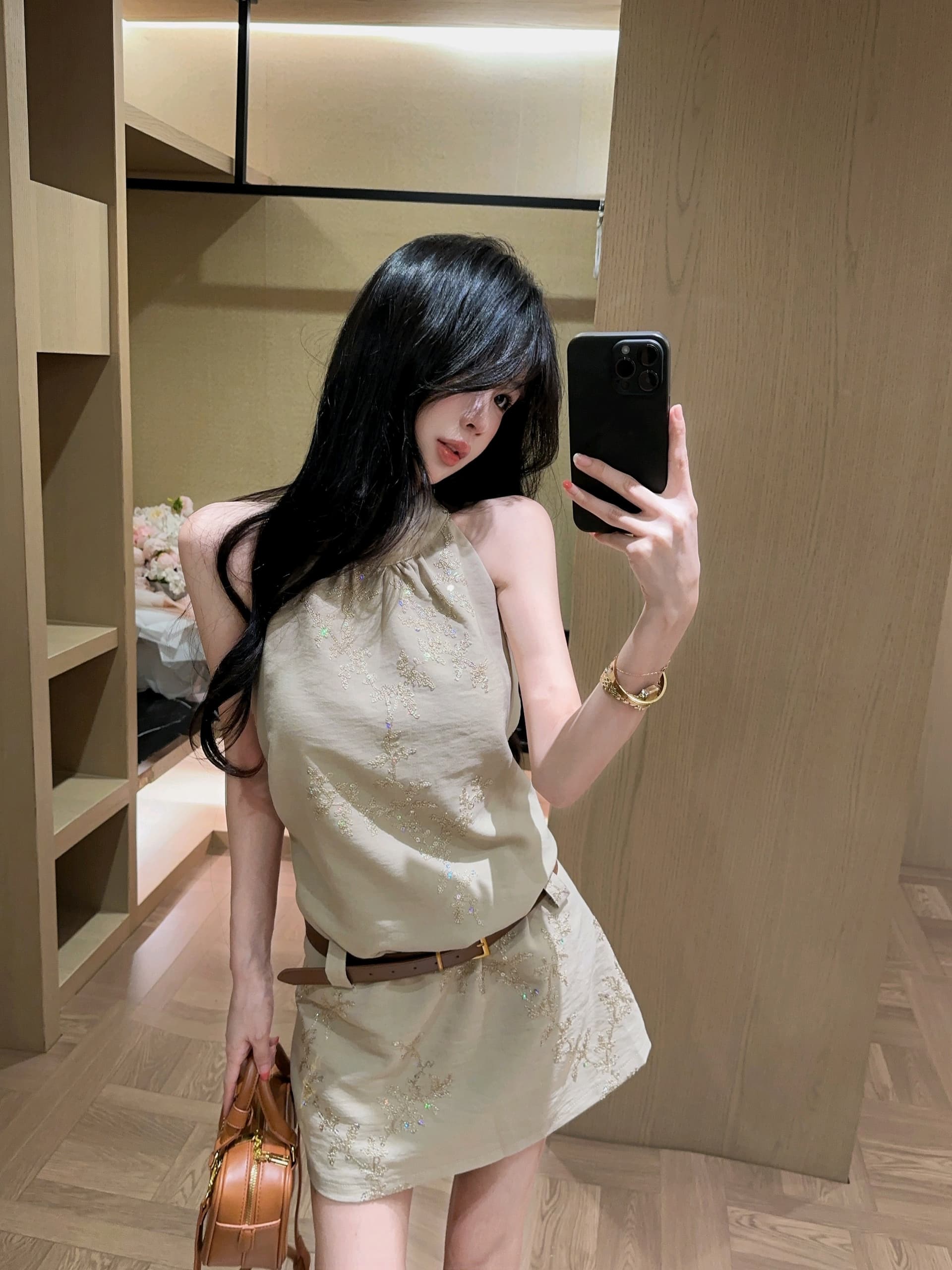무거운 작업 자카드 행침 목 민소매 조끼 여성 드레스 여름 새로운 디자인 센스 품격 허리 수축 짧은 치마 상세 이미지 8
