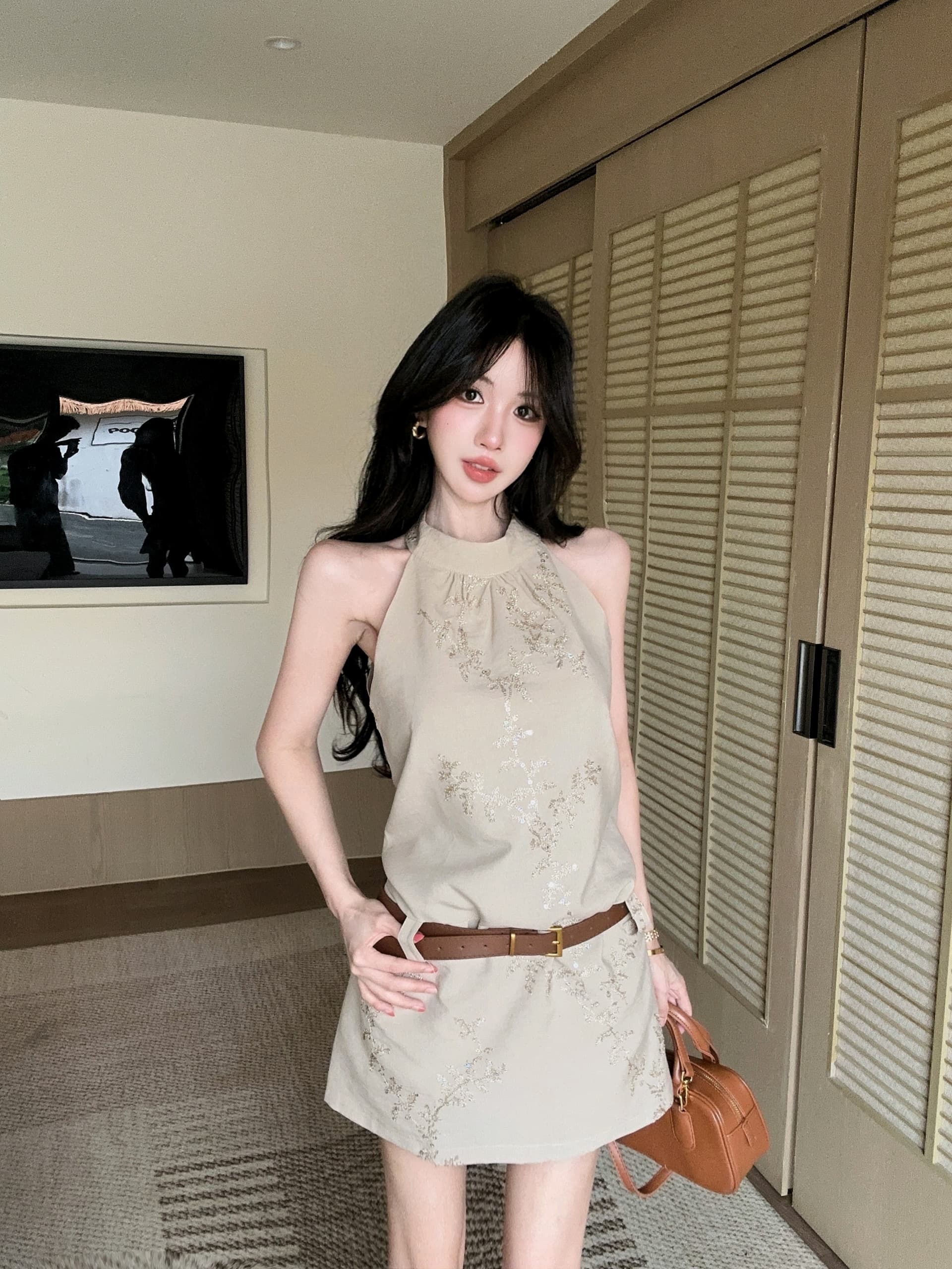 무거운 작업 자카드 행침 목 민소매 조끼 여성 드레스 여름 새로운 디자인 센스 품격 허리 수축 짧은 치마 상세 이미지 10