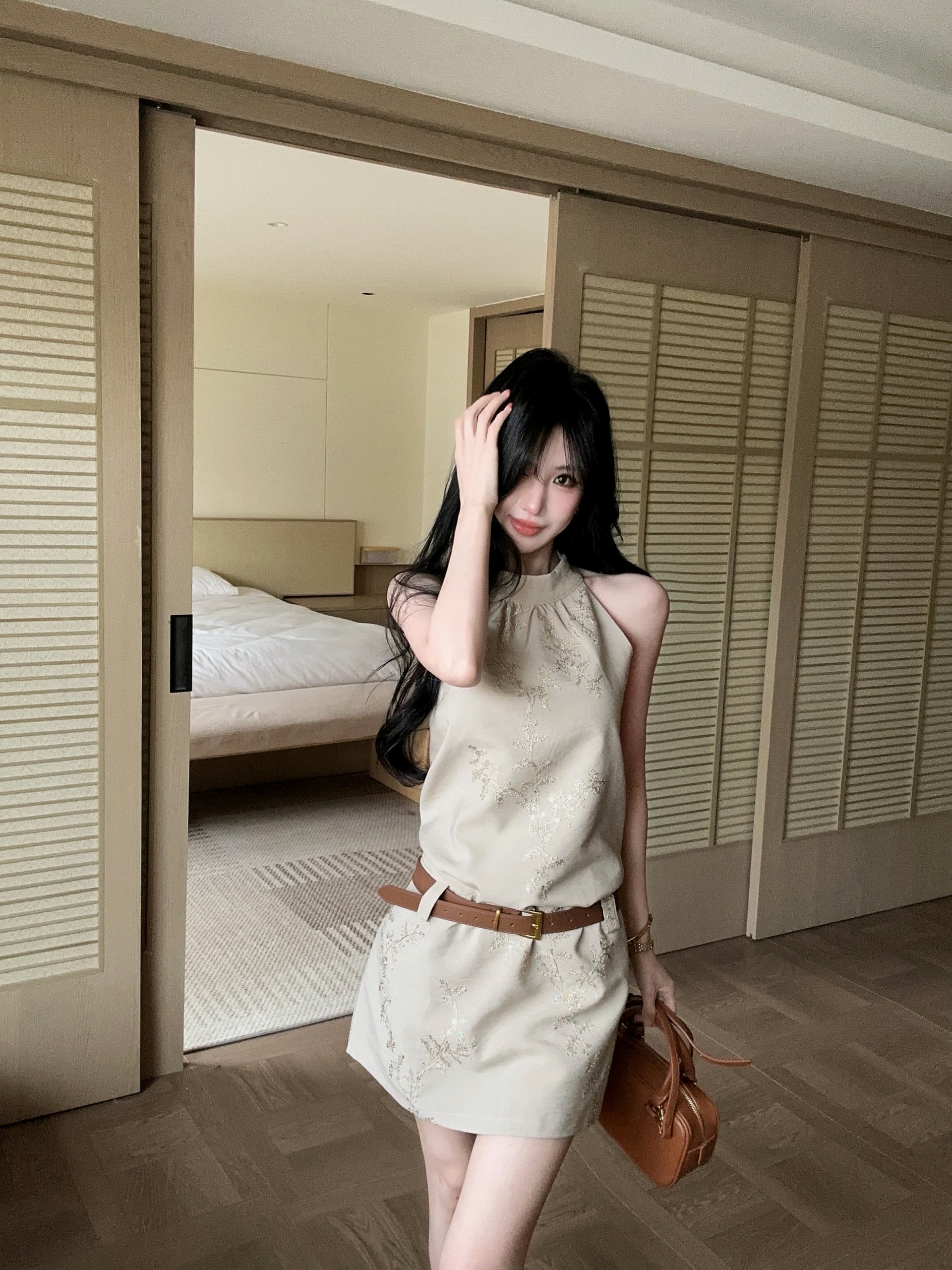 무거운 작업 자카드 행침 목 민소매 조끼 여성 드레스 여름 새로운 디자인 센스 품격 허리 수축 짧은 치마 상세 이미지 11