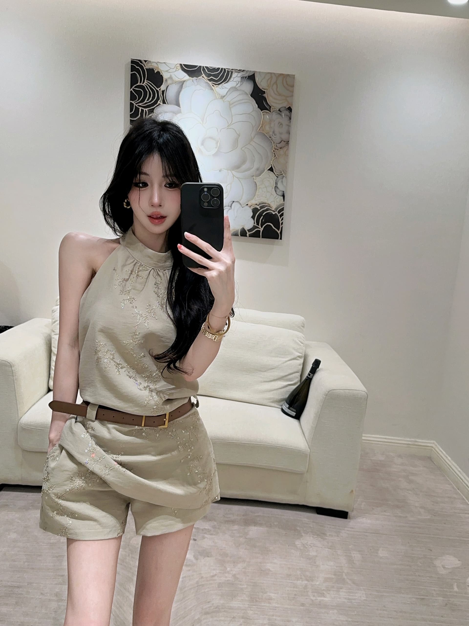 무거운 작업 자카드 행침 목 민소매 조끼 여성 드레스 여름 새로운 디자인 센스 품격 허리 수축 짧은 치마 상세 이미지 13