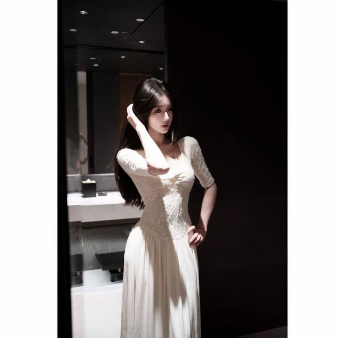 봄날 사역 쌀 살구 우아한 시리아 프랑스식 레트로 허리 수축 중간 소매 큰 진자 드레스 01723 상세 이미지 1