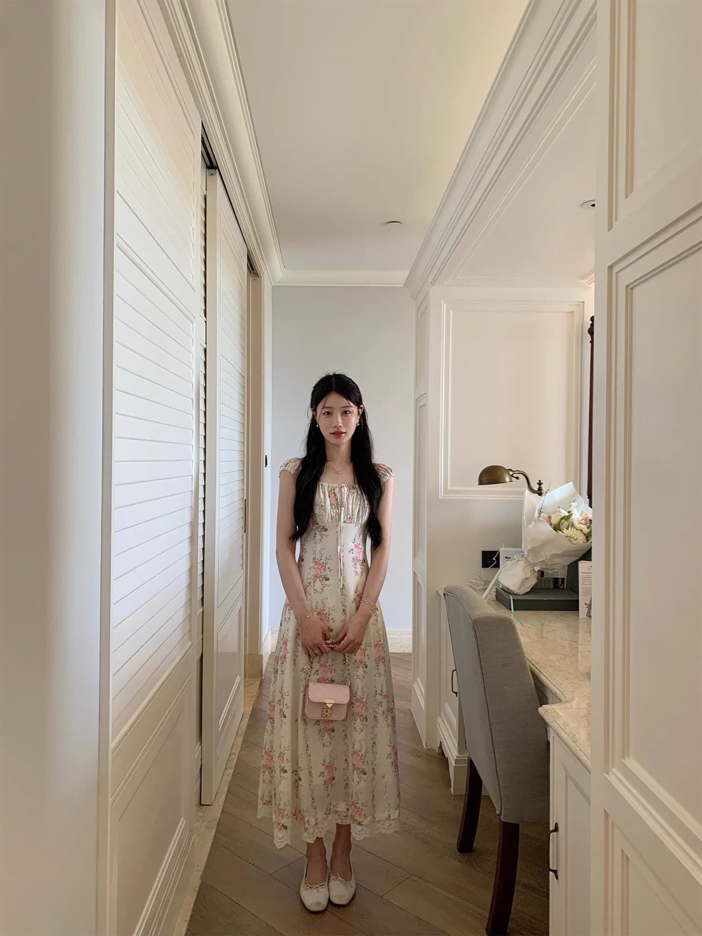 jejuna 프라이드 치킨 유럽 니켈 우유 푸 꽃 리플 라이 경기 서울 라미 한 부서 꽃무늬 핑크색 슬림해 보이는 드레스 이미지 5