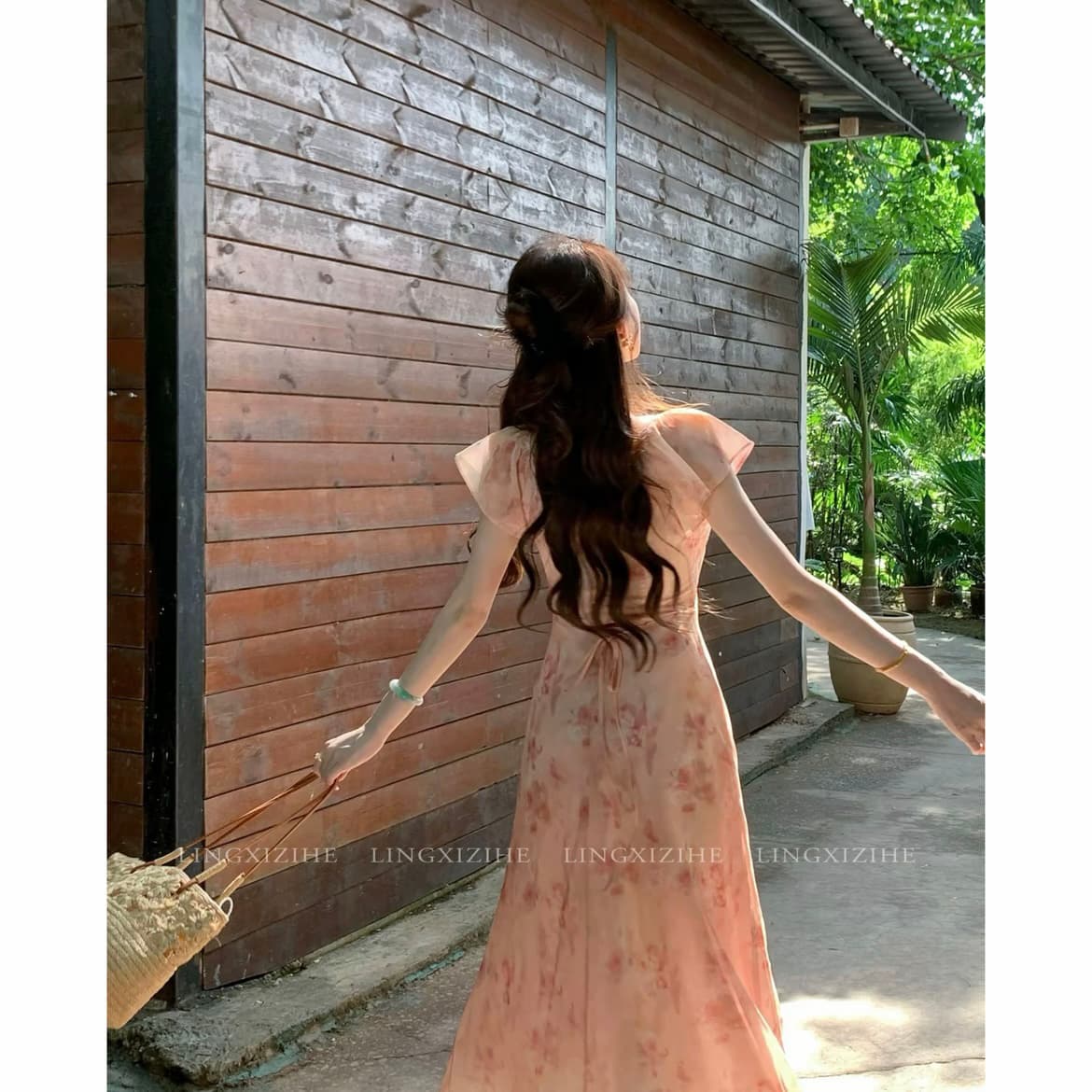 링 茜 거만한 와우 구름 사쿠라 빛 소매 새로운 중식 품격 프랑스식 여름 슬림해 보이는 꽃무늬 드레스 작은 날다 소매 길이 상세 이미지 5