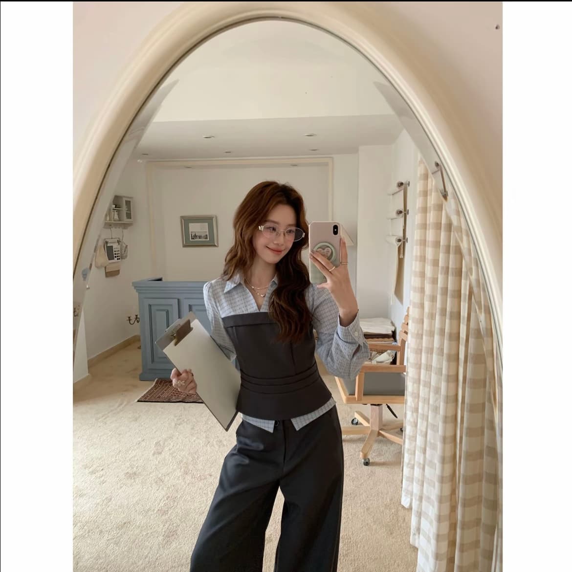 even 하나 원자바오 회색 조정 도시 한 부서 오리지널 페이크 레이어드 셔츠 바지 투피스 세트 배색 허리 수축 세트 이미지 4