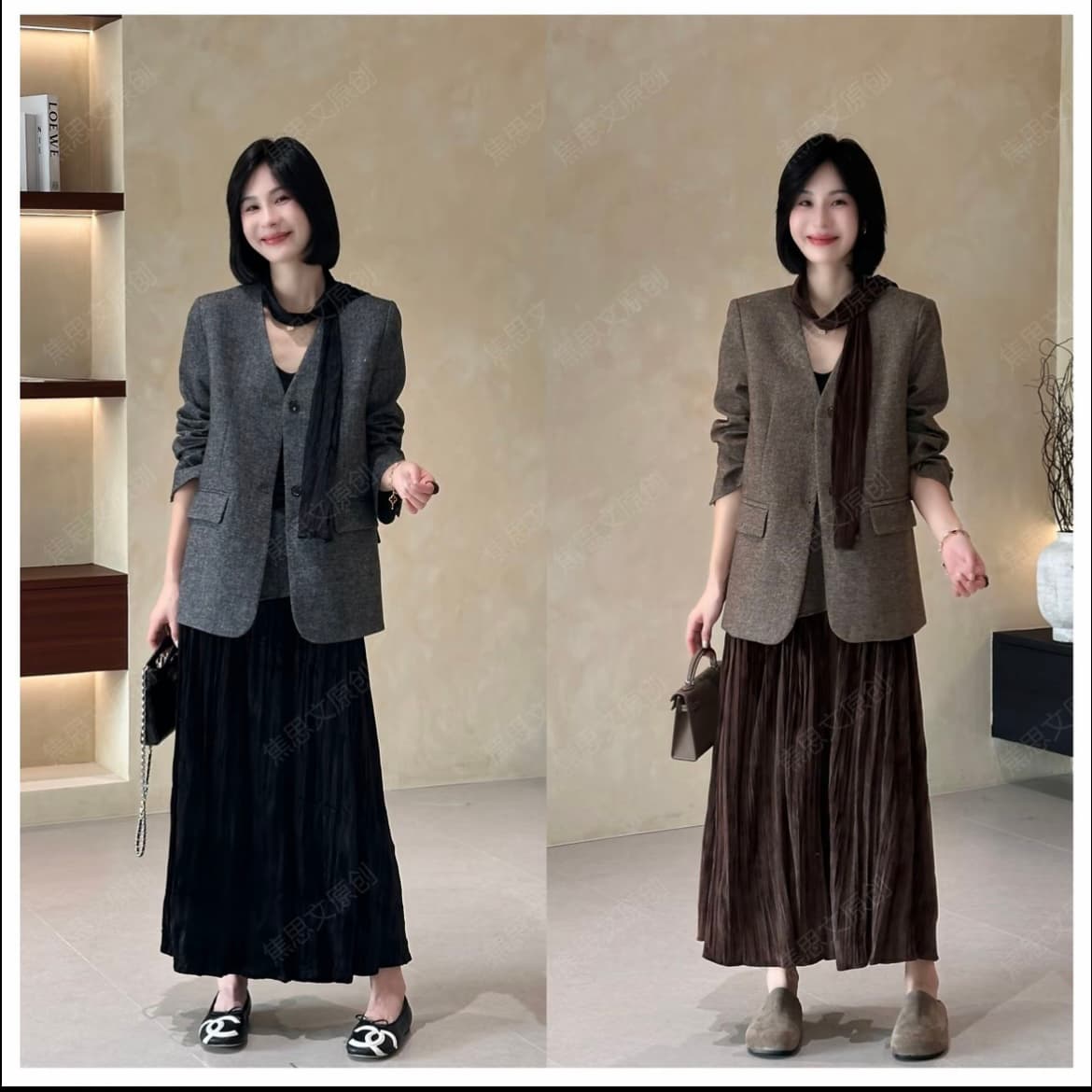자오시 텍스트 가을 작은 샤넬 스타일 스카프 재킷 반신 스커트 패션 세트 2683126 이미지 3