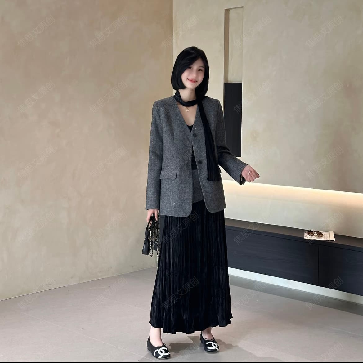 자오시 텍스트 가을 작은 샤넬 스타일 스카프 재킷 반신 스커트 패션 세트 2683126 상세 이미지 2