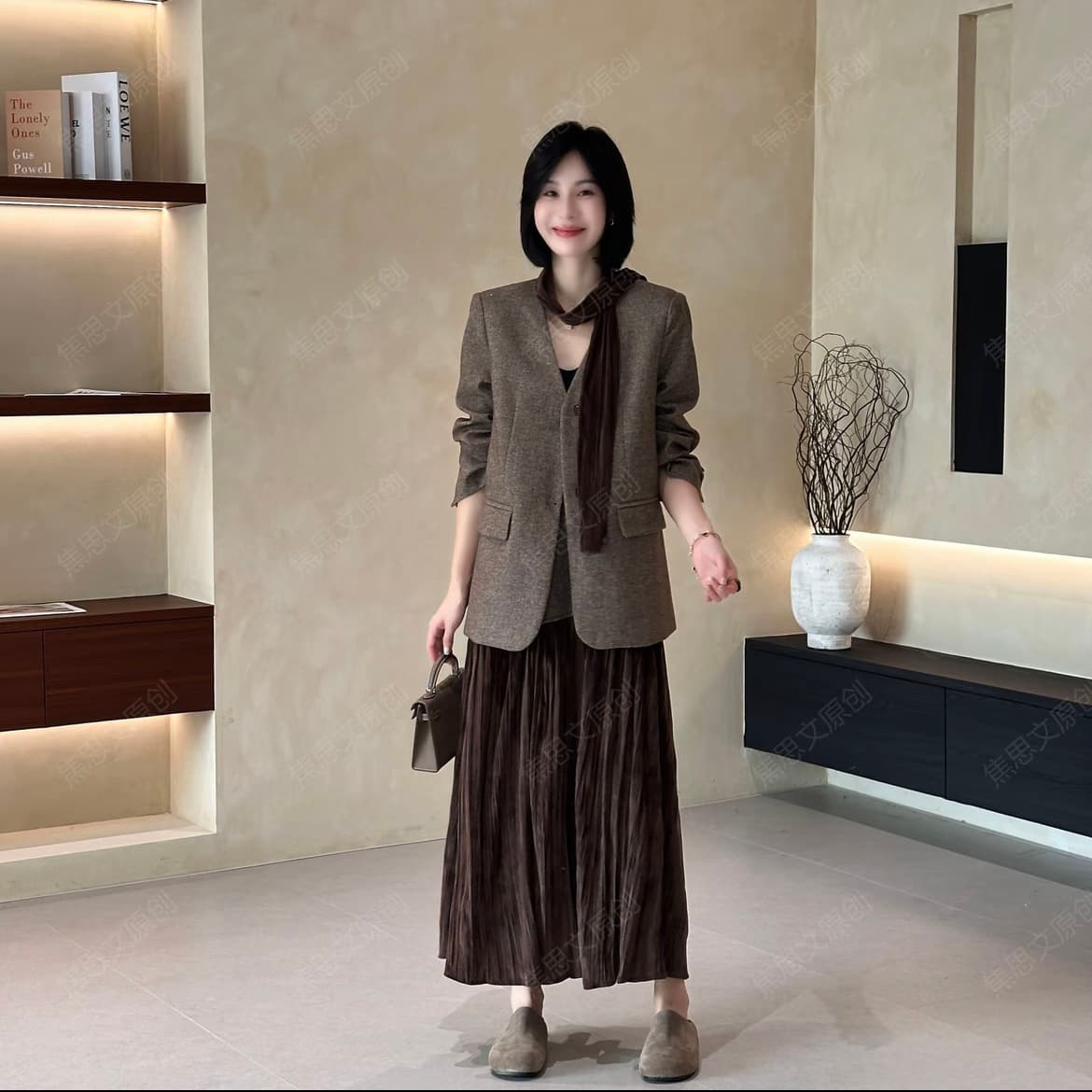 자오시 텍스트 가을 작은 샤넬 스타일 스카프 재킷 반신 스커트 패션 세트 2683126 상세 이미지 3