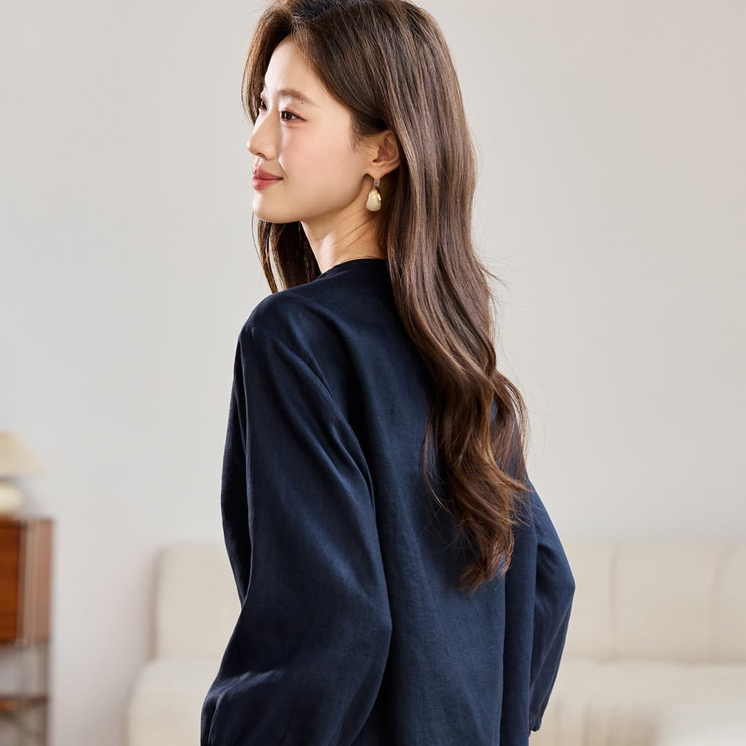 캐주얼 아마 자수 여성 셔츠 2026 봄 가을 새로운 9부 소매 루즈핏 라운드 넥 품격 외국 가스 풀오버 맨위 이미지 5