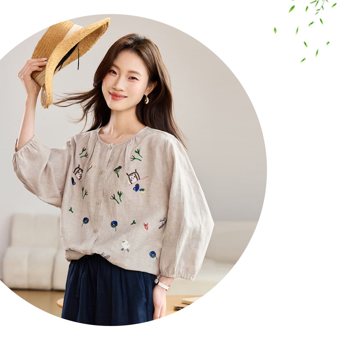 캐주얼 아마 자수 여성 셔츠 2026 봄 가을 새로운 9부 소매 루즈핏 라운드 넥 품격 외국 가스 풀오버 맨위 상세 이미지 23