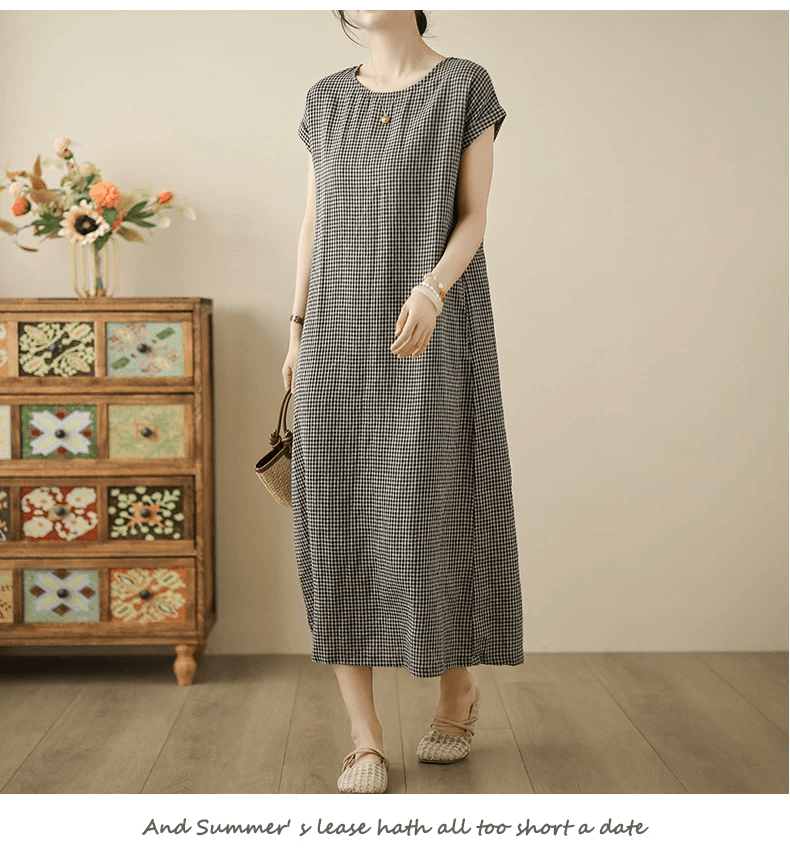 어린이 끝 녹색 결합 된 고급 센스 컬러 짜임 체크무늬 드레스 여성용 짧은 소매 루즈핏 캐주얼 슬림해 보이는 롱 스커트 상세 이미지 12