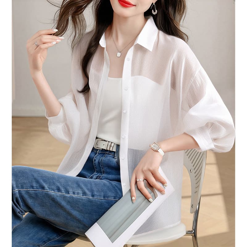 얼음 실크 여성 자외선 차단 셔츠 여성 긴 소매 여름 프랑스식 품격 작은 대중 맨위 디자인 센스 화이트 셔츠 재킷 이미지 2