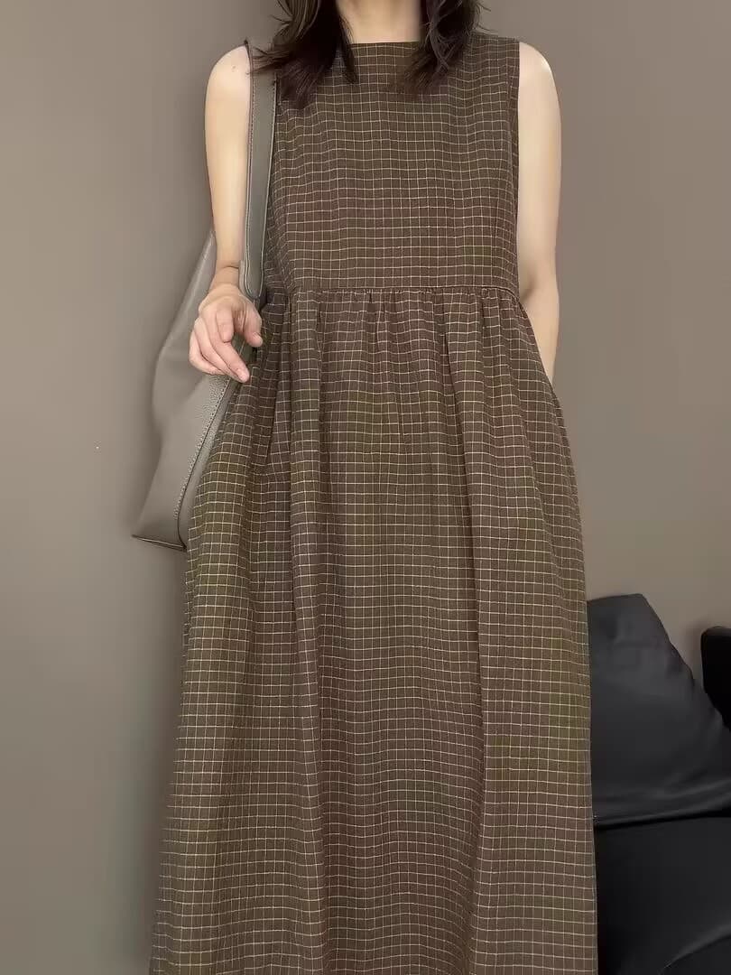 레트로 체크무늬 롱 코트 면 린넨 여성 드레스 2026 여름 단순한 관대 한 슬림해 보이는 조끼 치마