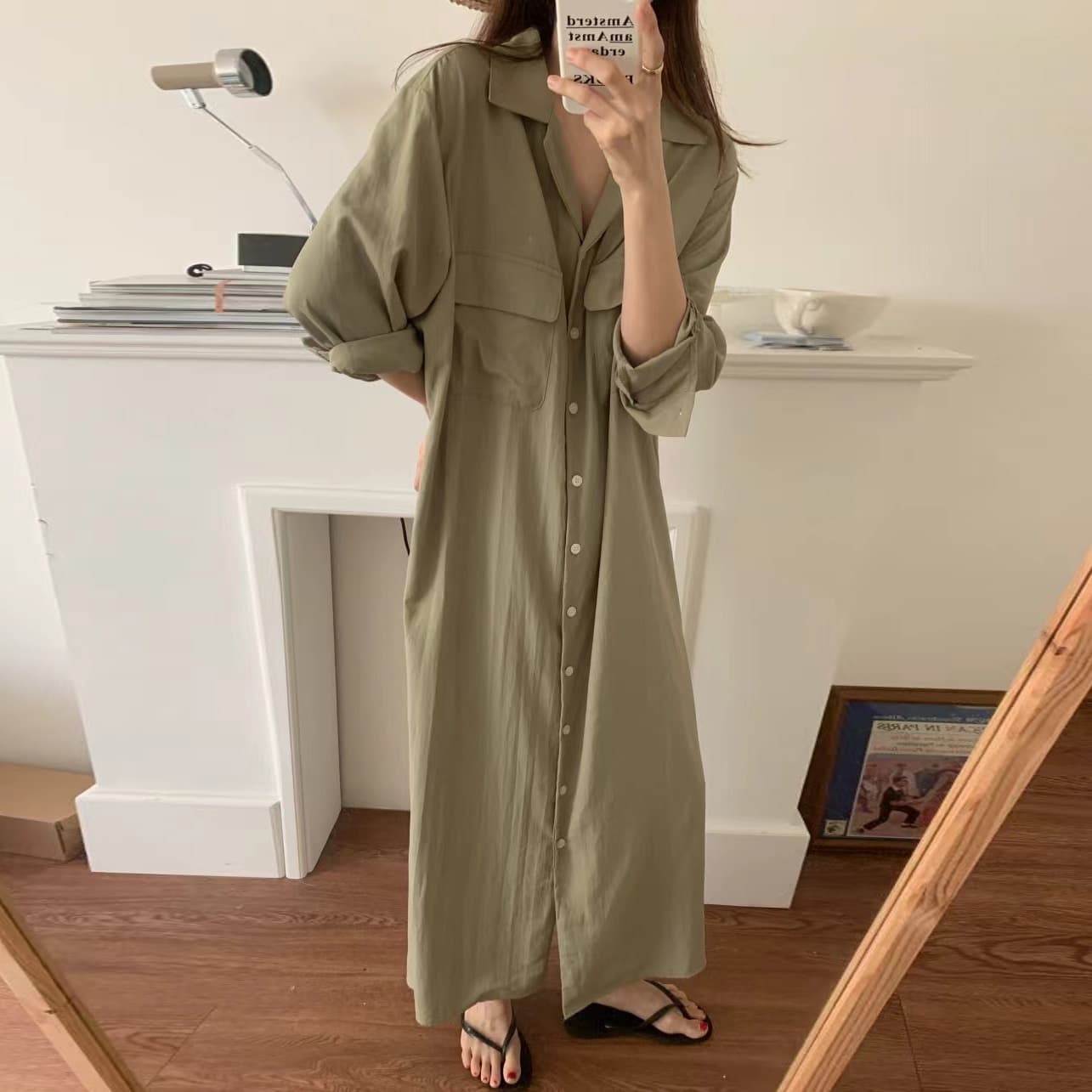 한국 스타일 루즈핏 미니멀리즘 느긋한 바람 더블 주머니 싱글 줄 버튼 긴팔 셔츠 드레스