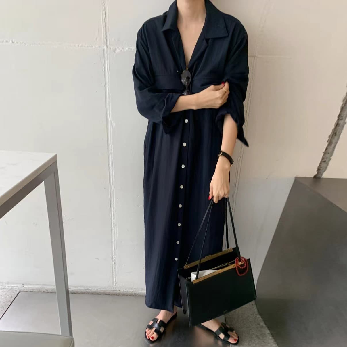 한국 스타일 루즈핏 미니멀리즘 느긋한 바람 더블 주머니 싱글 줄 버튼 긴팔 셔츠 드레스 이미지 2