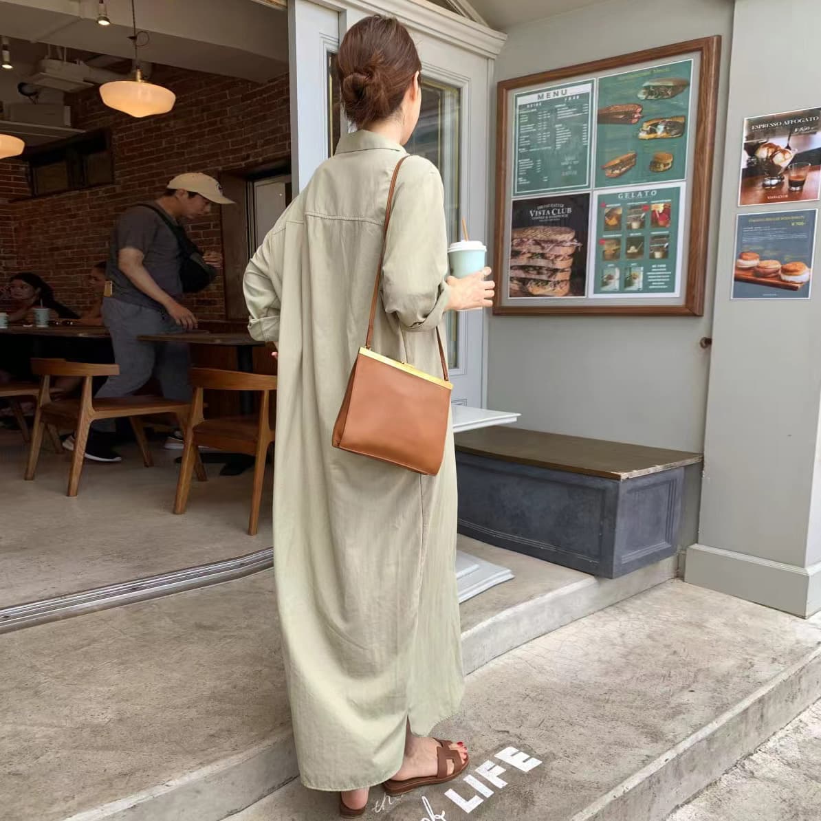 한국 스타일 루즈핏 미니멀리즘 느긋한 바람 더블 주머니 싱글 줄 버튼 긴팔 셔츠 드레스 이미지 5
