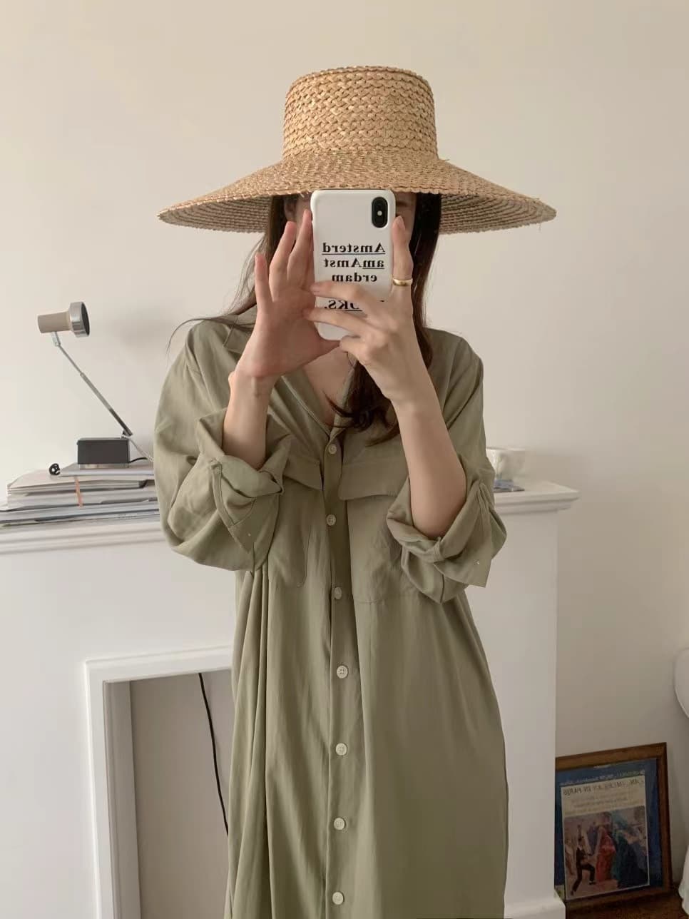 한국 스타일 루즈핏 미니멀리즘 느긋한 바람 더블 주머니 싱글 줄 버튼 긴팔 셔츠 드레스 상세 이미지 9