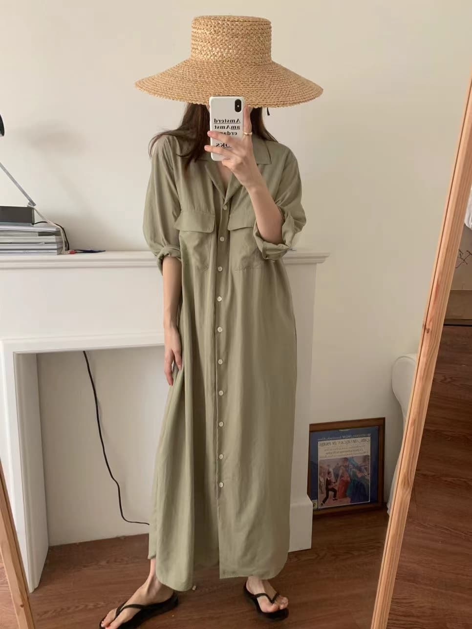 한국 스타일 루즈핏 미니멀리즘 느긋한 바람 더블 주머니 싱글 줄 버튼 긴팔 셔츠 드레스 상세 이미지 10