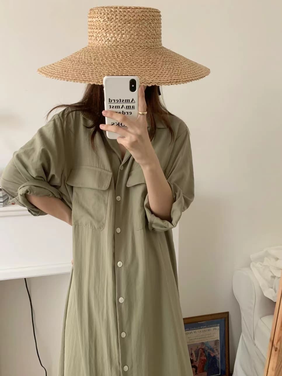 한국 스타일 루즈핏 미니멀리즘 느긋한 바람 더블 주머니 싱글 줄 버튼 긴팔 셔츠 드레스 상세 이미지 12