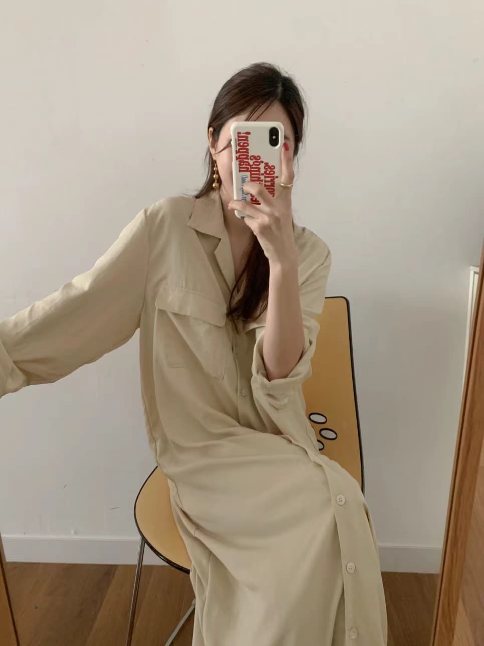 한국 스타일 루즈핏 미니멀리즘 느긋한 바람 더블 주머니 싱글 줄 버튼 긴팔 셔츠 드레스 상세 이미지 18