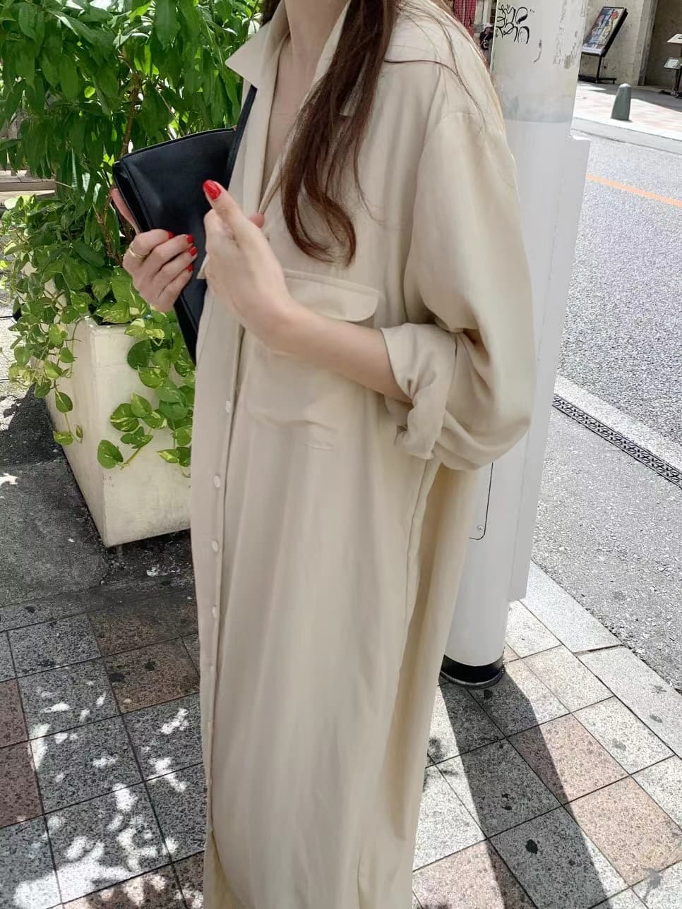 한국 스타일 루즈핏 미니멀리즘 느긋한 바람 더블 주머니 싱글 줄 버튼 긴팔 셔츠 드레스 상세 이미지 29