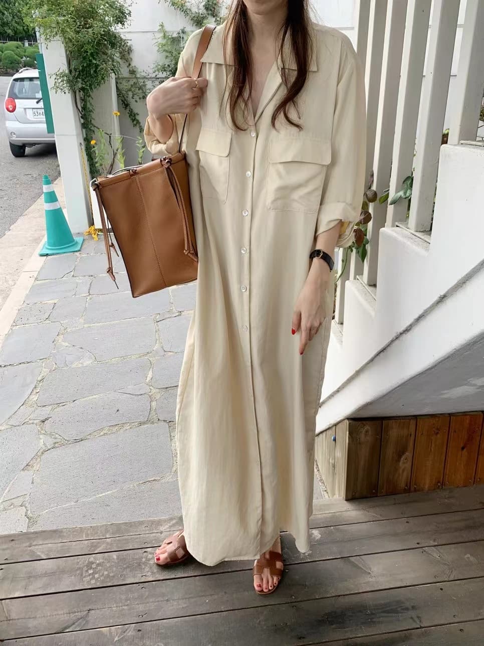한국 스타일 루즈핏 미니멀리즘 느긋한 바람 더블 주머니 싱글 줄 버튼 긴팔 셔츠 드레스 상세 이미지 31