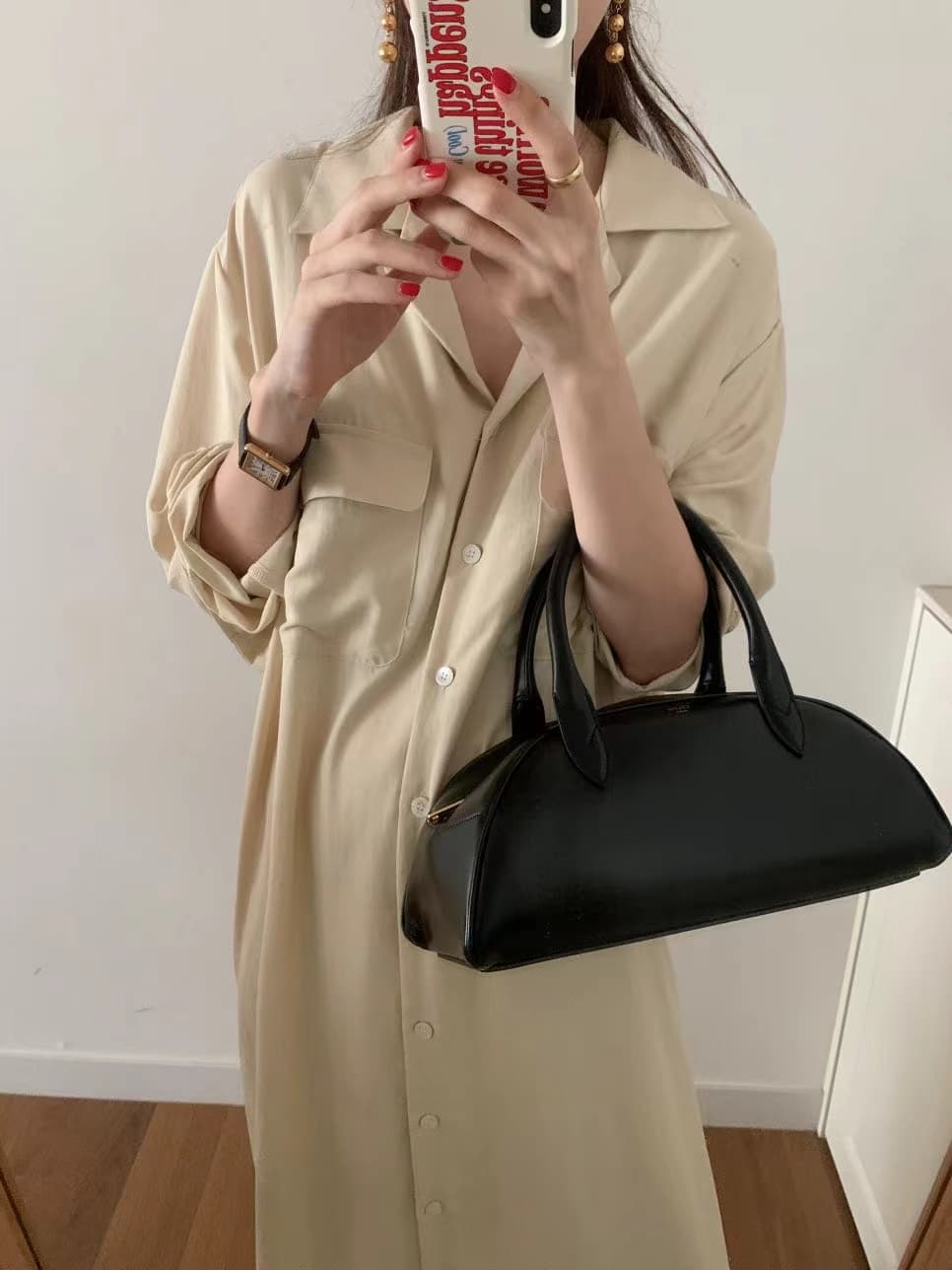 한국 스타일 루즈핏 미니멀리즘 느긋한 바람 더블 주머니 싱글 줄 버튼 긴팔 셔츠 드레스 상세 이미지 32
