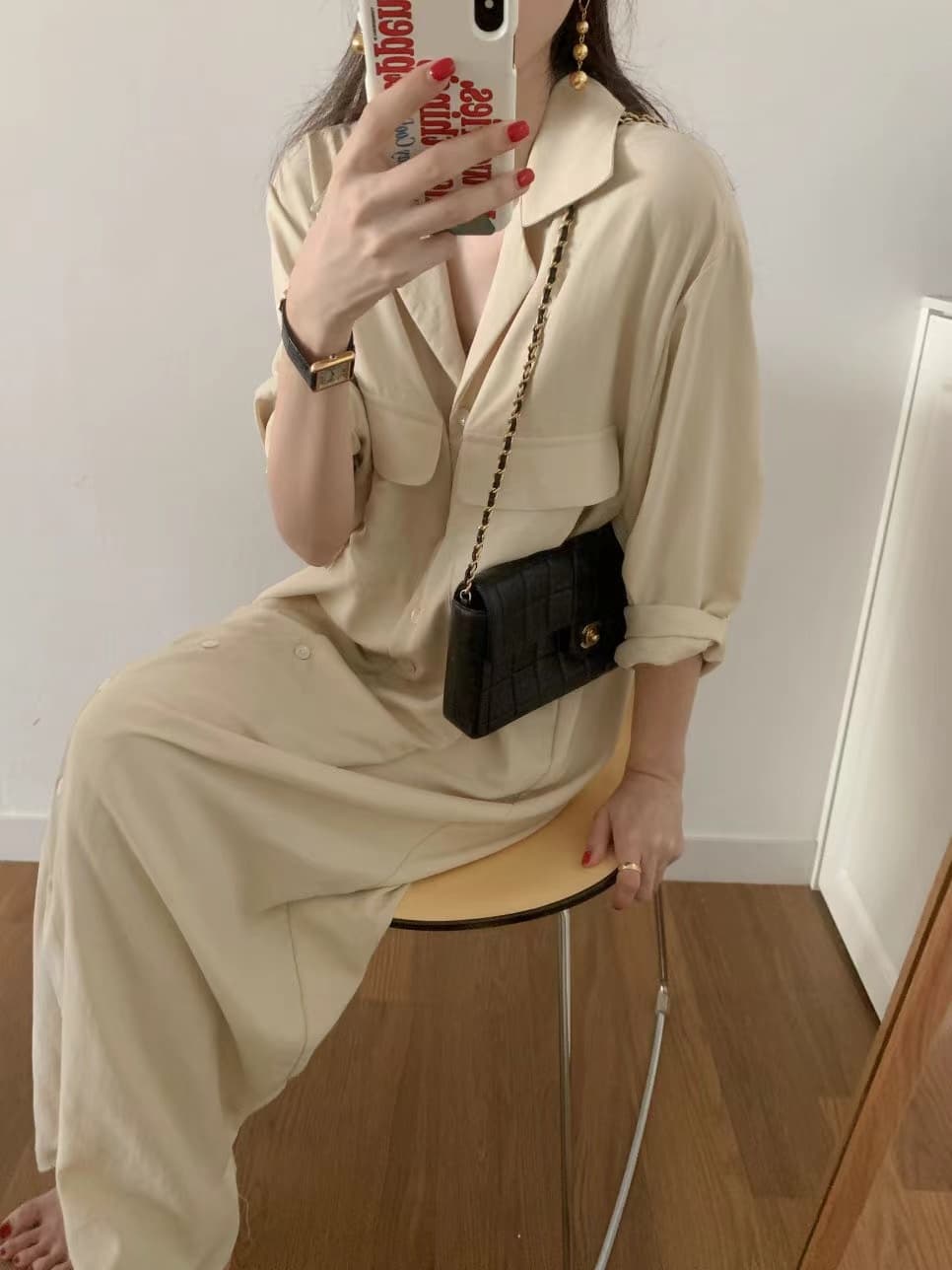 한국 스타일 루즈핏 미니멀리즘 느긋한 바람 더블 주머니 싱글 줄 버튼 긴팔 셔츠 드레스 상세 이미지 34