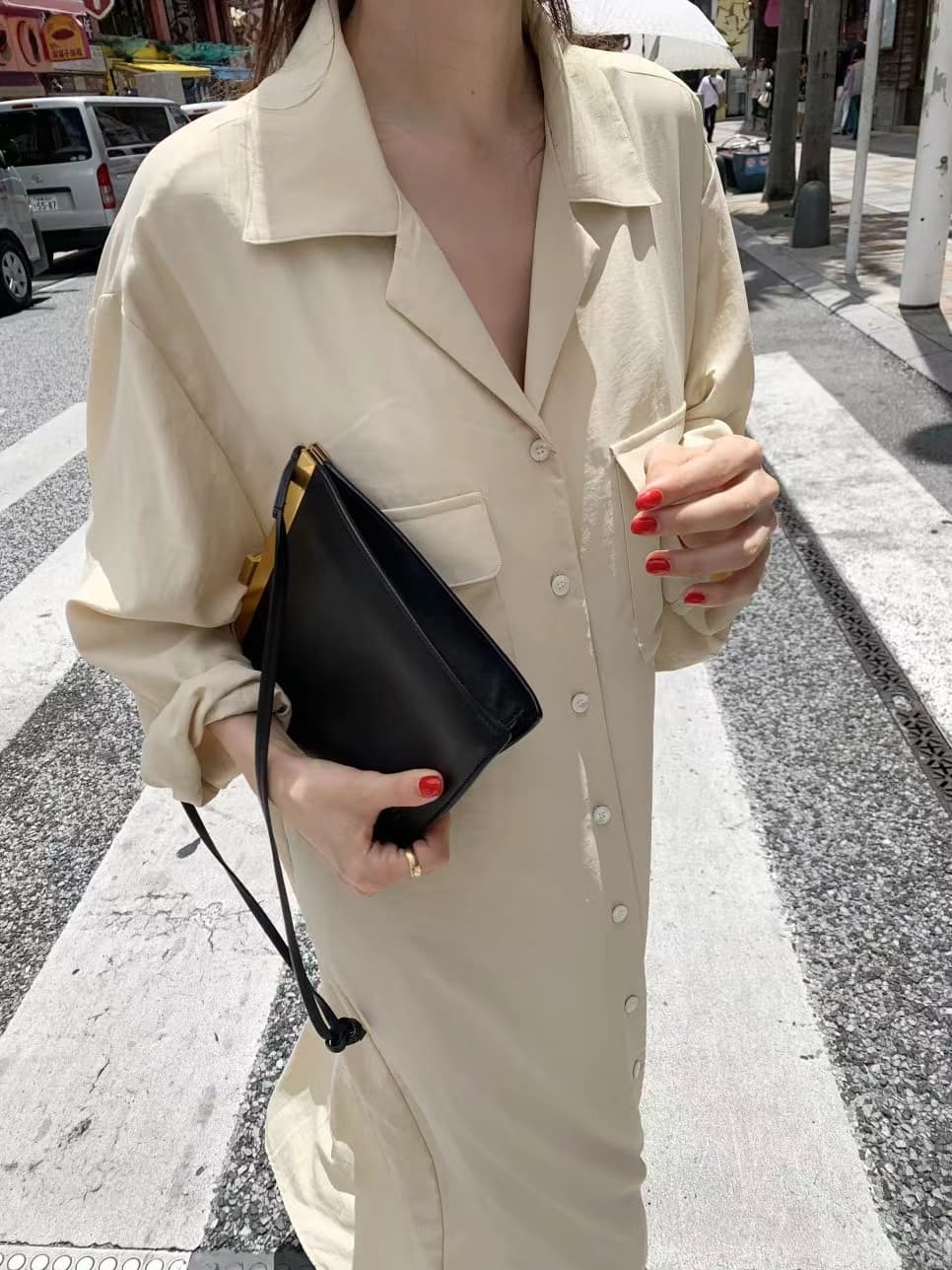 한국 스타일 루즈핏 미니멀리즘 느긋한 바람 더블 주머니 싱글 줄 버튼 긴팔 셔츠 드레스 상세 이미지 35