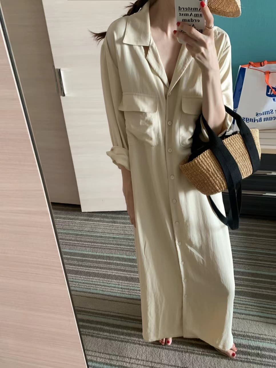 한국 스타일 루즈핏 미니멀리즘 느긋한 바람 더블 주머니 싱글 줄 버튼 긴팔 셔츠 드레스 상세 이미지 39