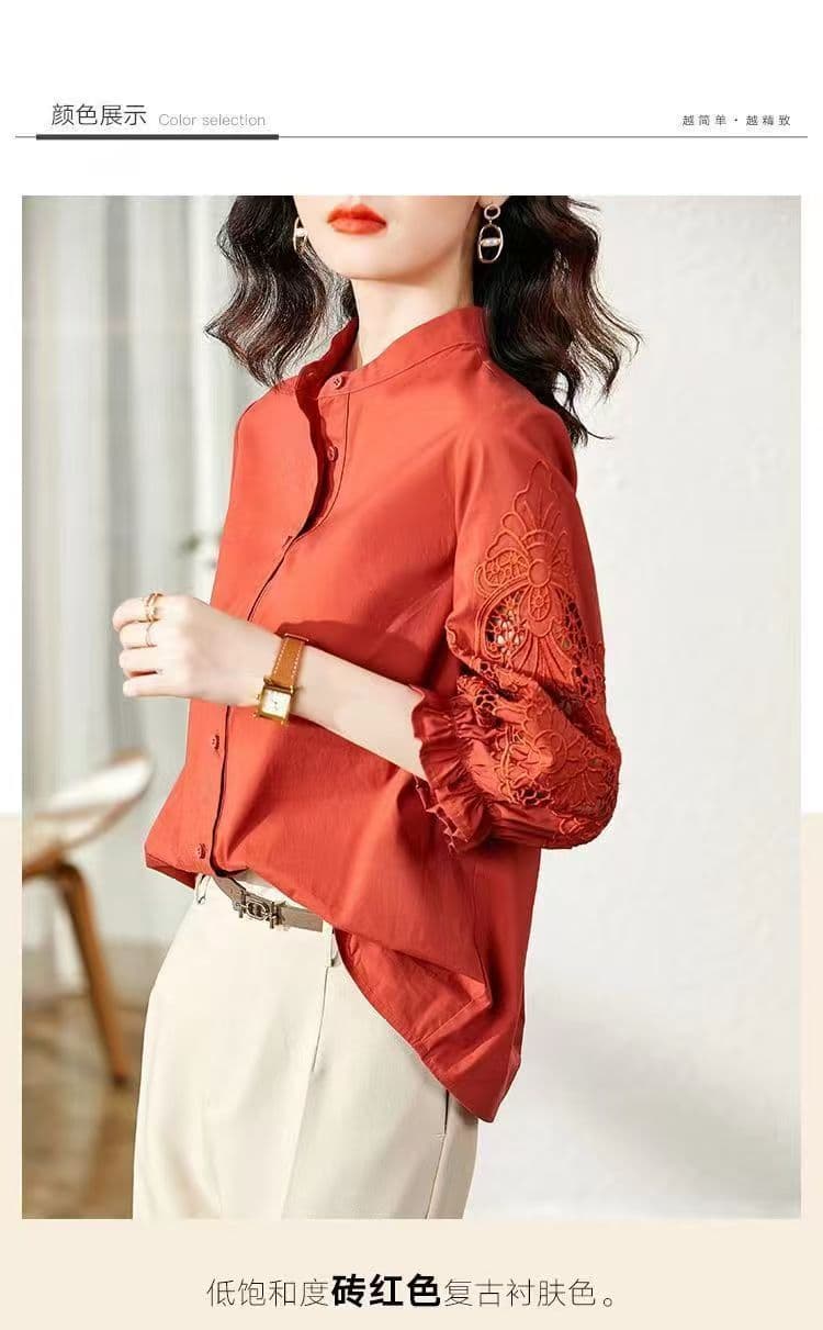 빨간색 무거운 작업 자수 여성 셔츠 디자인 센스 작은 대중 2025 여름 스탠드 칼라 출퇴근 바람 셔츠 7부 소매 맨위 상세 이미지 6