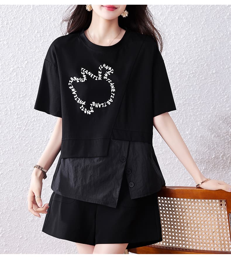 실사 빅 사이즈 여름 드레스 불규칙 반팔 티셔츠 여성 지방 mm 패션 외국 가스 고유 한 Chic 페이크 레이어드 맨위 상세 이미지 17